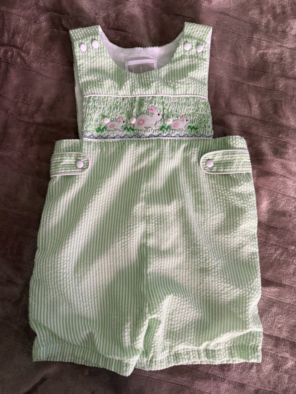 Smocked Bunny Green Striped Shortalls for Kids